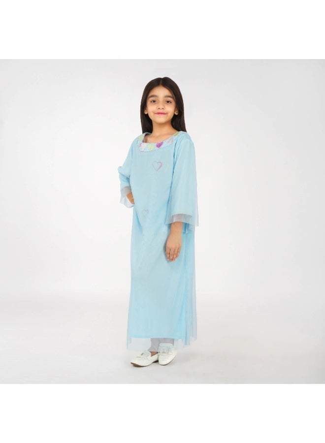 Linelle Soft Blue with Heart Motifs, Round Neck in Rayon-Tulle Blend kids jalabiya - Image 4
